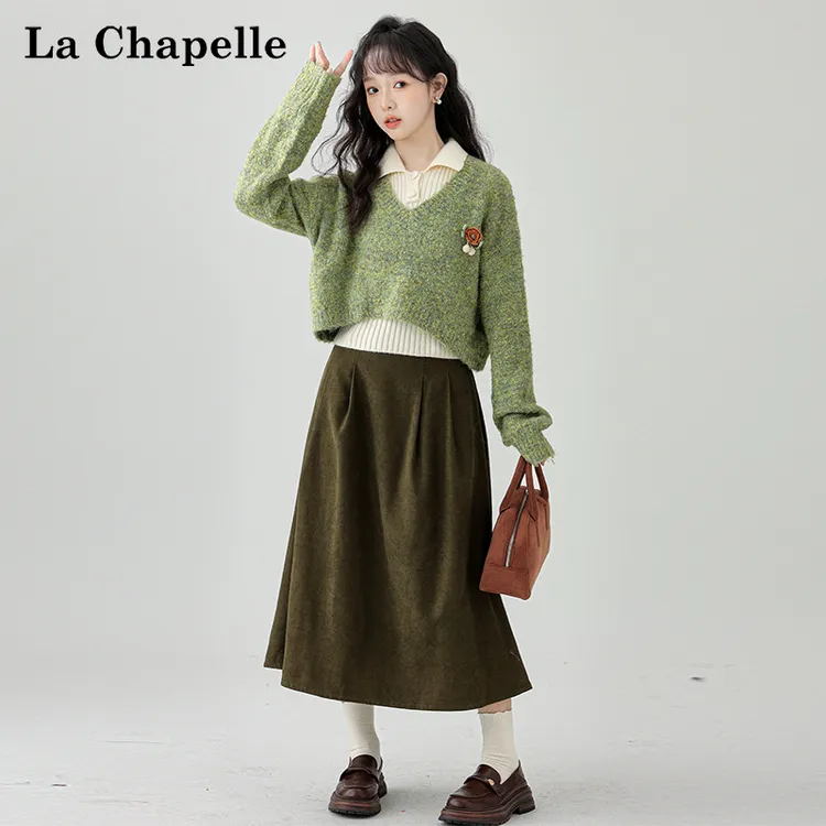 拉夏贝尔慵懒风叠穿针织衫上衣2025春秋背心套装女打底毛衣两件套