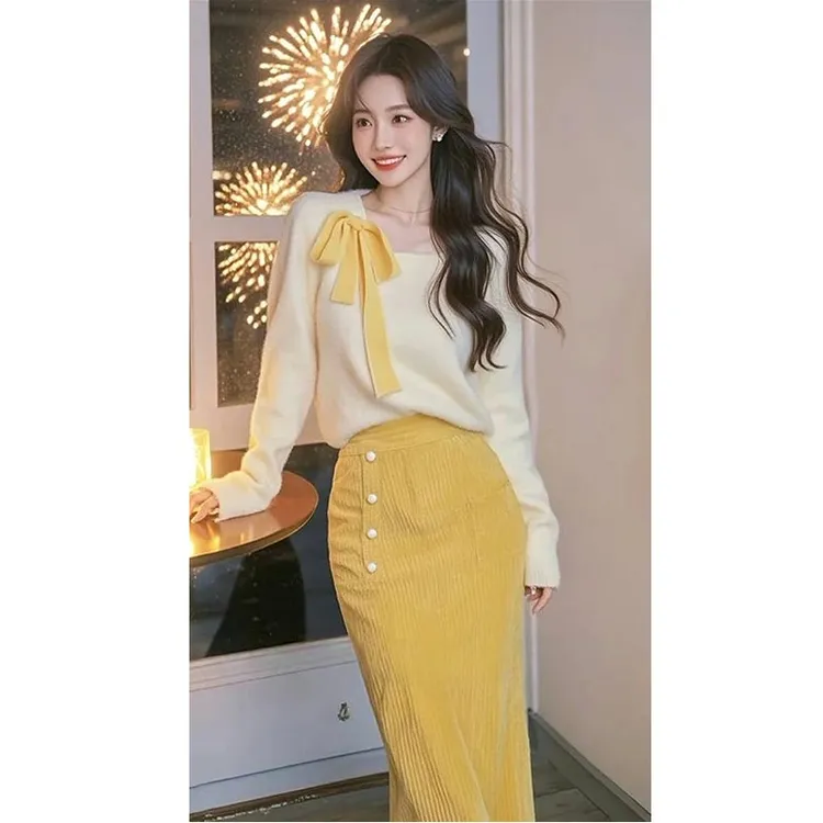 2025春秋新版小香风毛衣慵懒黄色蝴蝶结高级感气质小众欧若风上衣