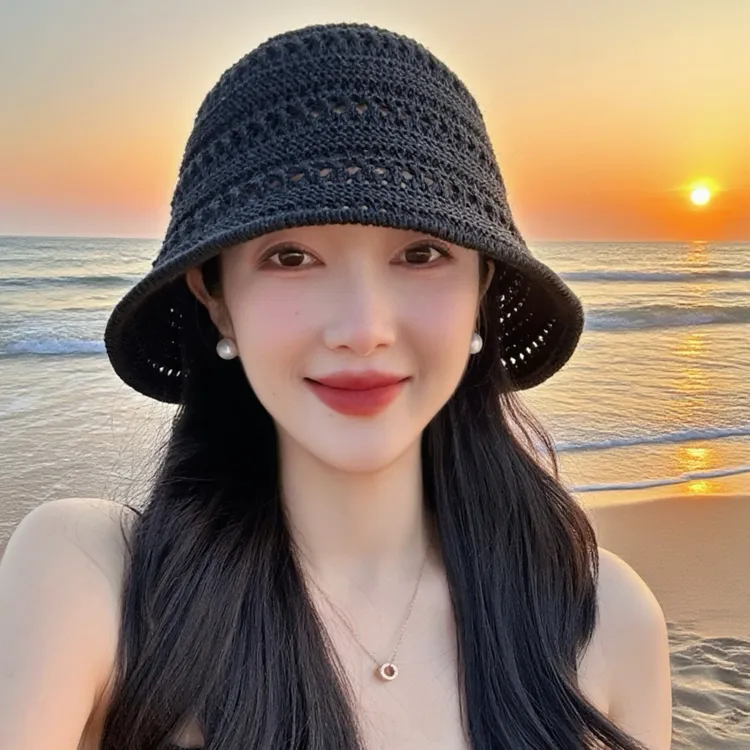 镂空针织渔夫帽子女春夏新款日系水桶帽ins文艺薄款透气钩针盆帽