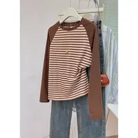 法式双面加绒加厚条纹插肩圆领长袖T恤秋冬正肩内搭保暖打底衫女