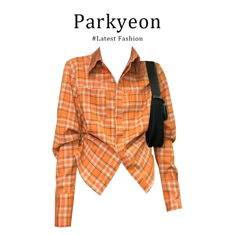 parkyeon美式显白橘色翻领格子长袖衬衫女早秋设计感显瘦收腰上衣