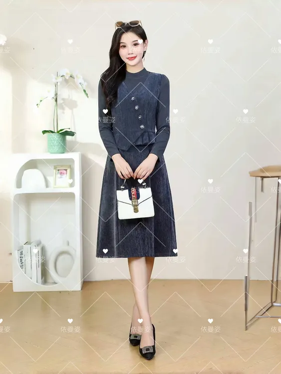 K2Q80高腰显瘦通勤不规则长裙连衣裙秋季女士复古长袖百搭时尚