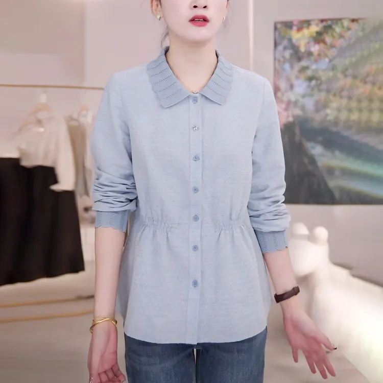 2025秋季新款女蓝色亚麻衬衫高级感洋气减龄收腰显瘦娃娃领上衣
