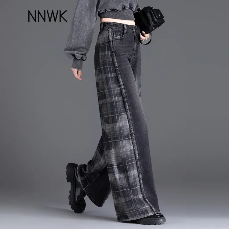 英伦风格子阔腿裤2025新款秋冬薄绒牛仔裤女加厚宽松休闲直筒裤子