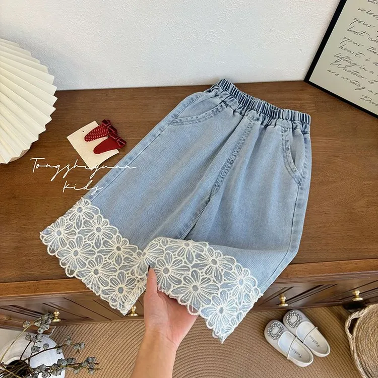 【夏款七分裤】女童新款夏季蕾丝花朵七分直筒牛仔裤新款女宝宝时尚