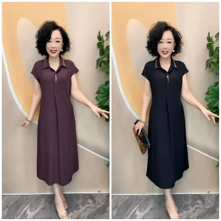 98105夏新款串珠领口纯色调解腰带宽松大码长款连衣裙，裙长113