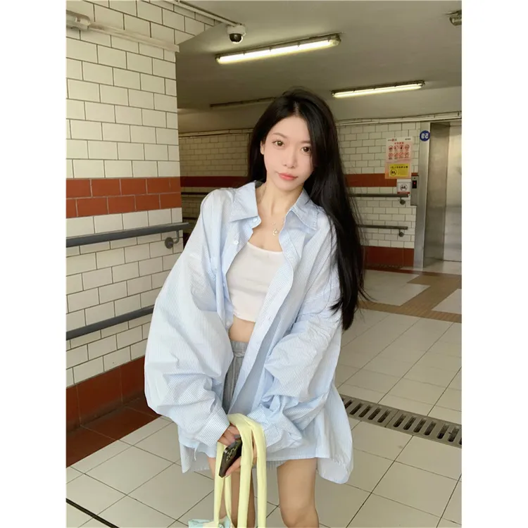 上衣阔腿裤女款爆款2025新款夏季新款舒适条纹衬衫外套女长袖宽松