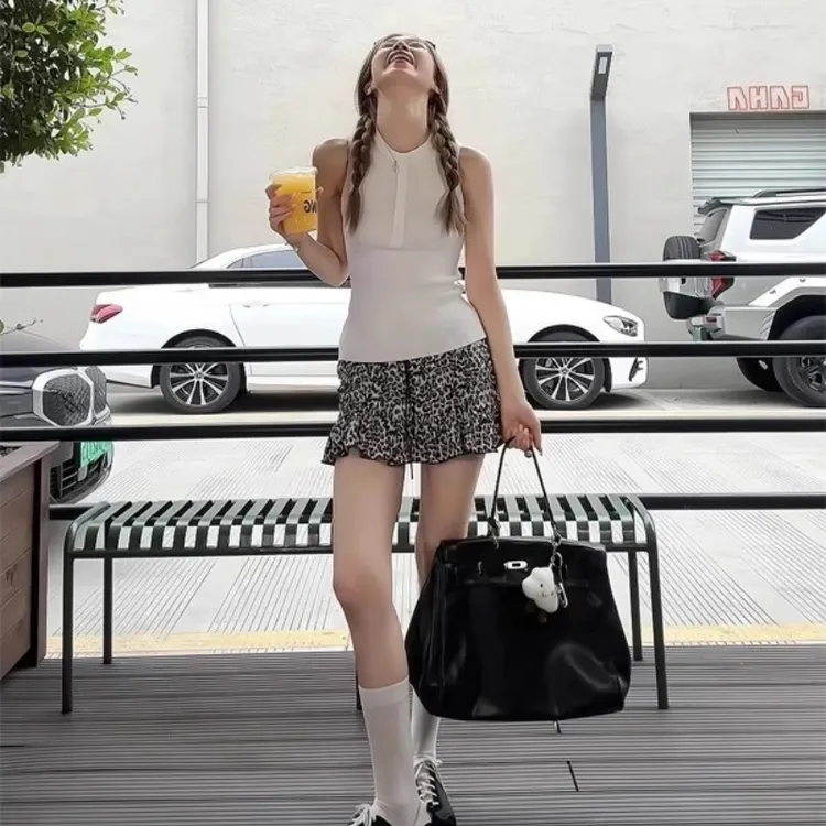 豹纹系带荷叶边半身裙女装2025年冬季新款高腰显瘦防走光A字短裙