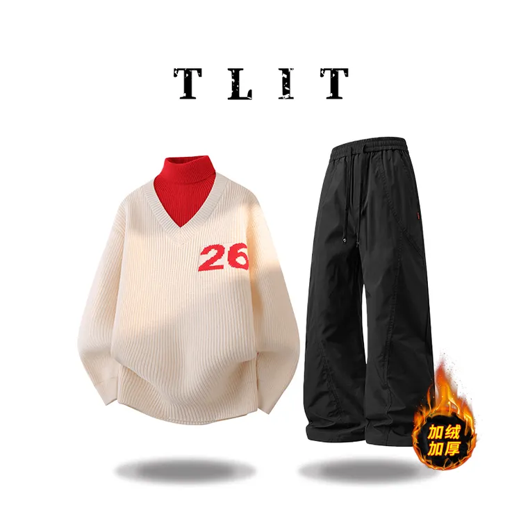 【品牌现货】TLIT 红色喜庆撞色高领毛衣男款冬季宽松打底针织衫潮