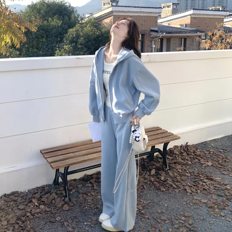 蓝色韩系chic卫衣套装女2025春季新款松弛感连帽外套阔腿裤两件套