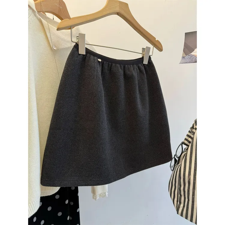 灰色醋酸毛呢半身裙女秋冬新款松紧腰大码高腰显瘦花苞裙A字短裙