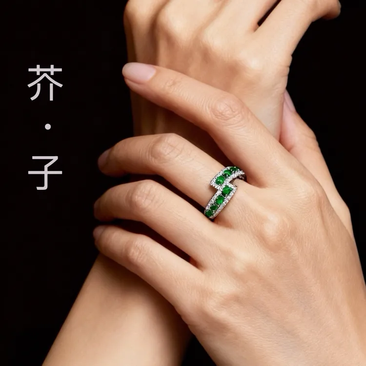 天然阳绿翡翠蛋面A货排戒抖音质检附证书国潮精美女款开口银戒