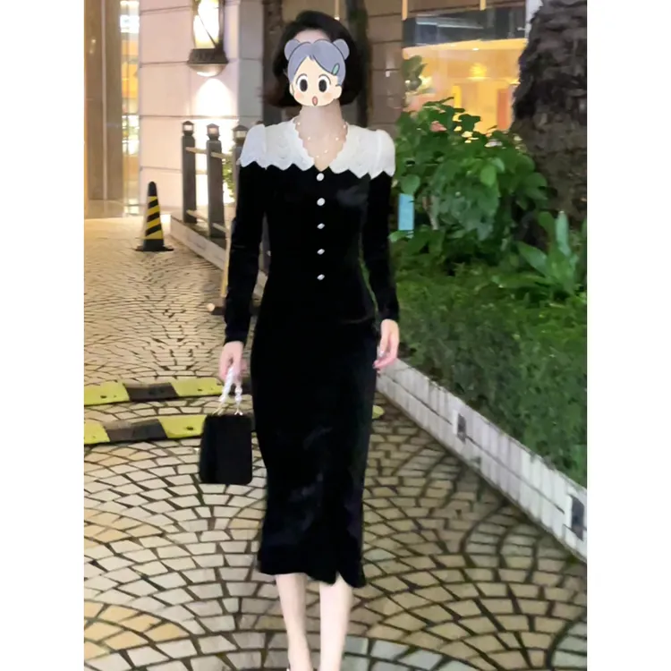 高端气质时尚拼接设计感连衣裙女秋季高级感气质V领收腰显瘦长裙