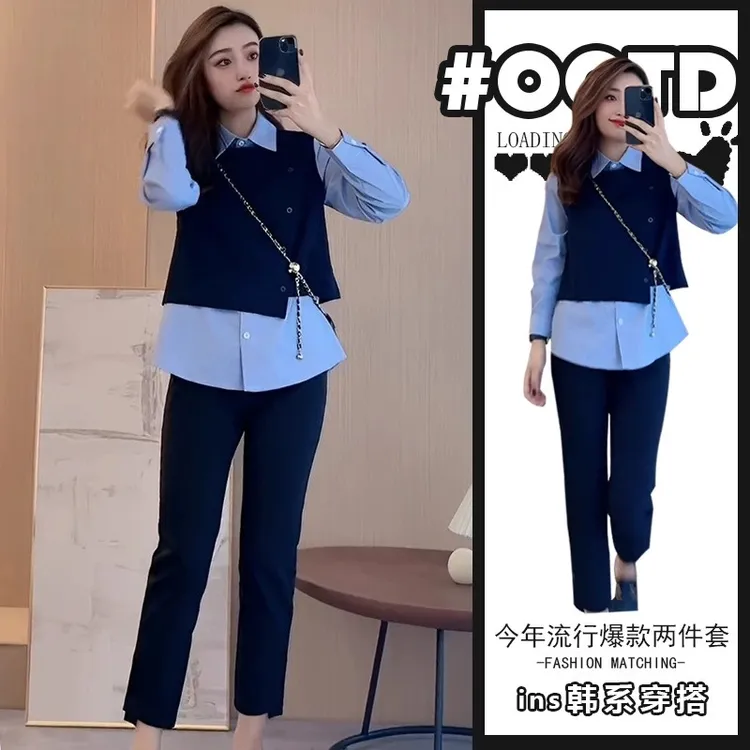 2025秋季设计感假两件长袖条纹衬衫高腰九分直筒裤时尚气质套装潮