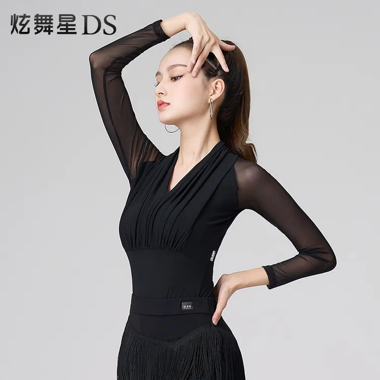 秋冬跳交谊舞网红拉丁舞服上衣女摩登舞练功服褶皱网纱短袖蓝色