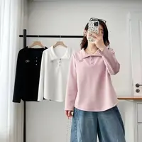 长袖纽扣宽松拼接T恤翻领秋季休闲女上衣