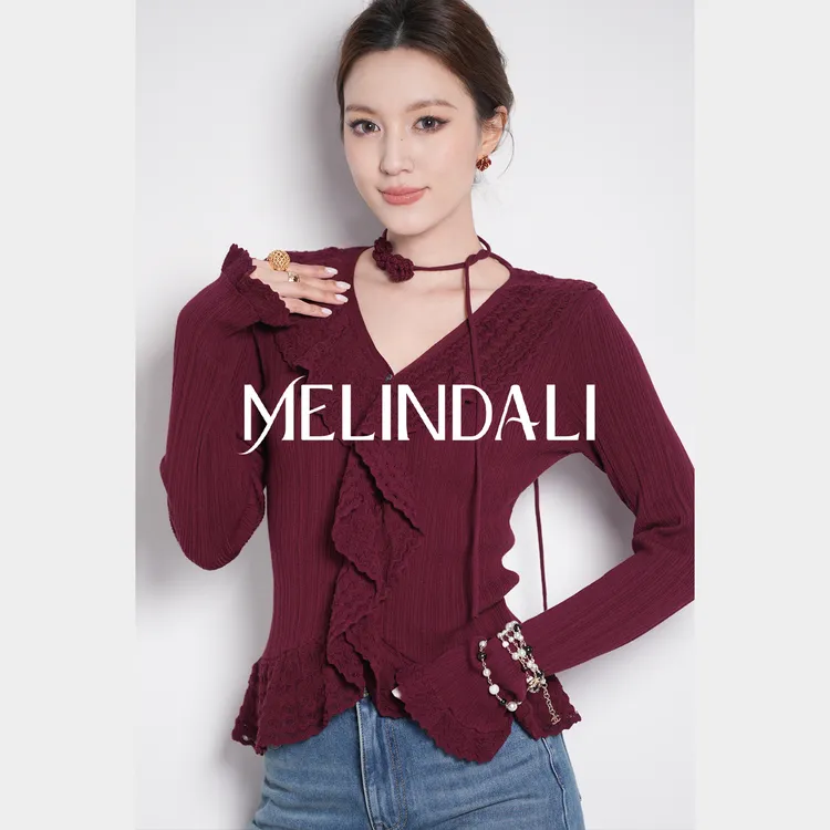 Melinda Li【钓系美人】优雅荷叶边手钩花朵choker针织衫红色毛衣