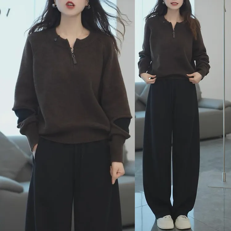 时尚简约通勤软糯针织衫弯刀休闲裤两件套女士2025秋冬季新款套装