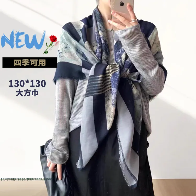 2025四季仿棉麻超大方巾130cm民族风围脖披肩旅游保暖围巾女款