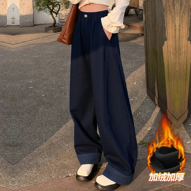 【LR185】2025INS森系秋冬新款加绒时尚女童复古宽松显瘦阔腿牛仔裤