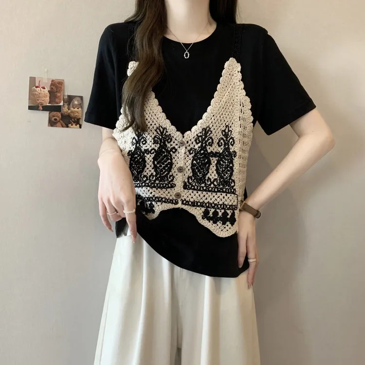 显瘦胖mm短袖遮肉上衣拼接针织减龄打底衫2025大码女装假两件T恤