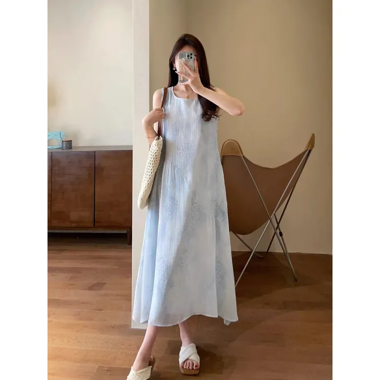 轻氧感水墨画 重磅天丝+亚麻背心裙清新透气无袖连衣裙9535C7