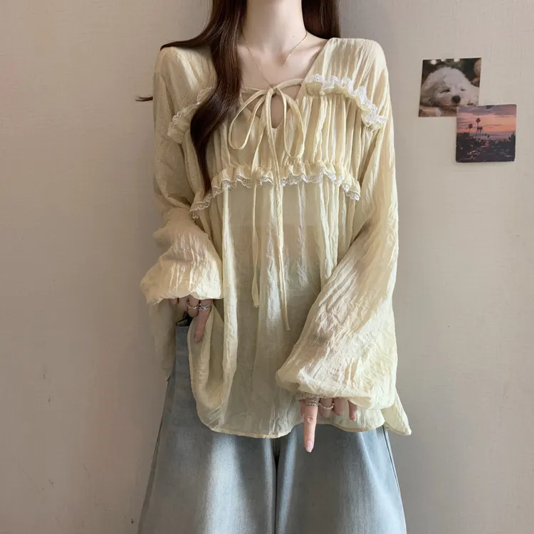 法式气质翻领系带长袖衬衫女2025夏季新款大码胖mm宽松显瘦上衣潮