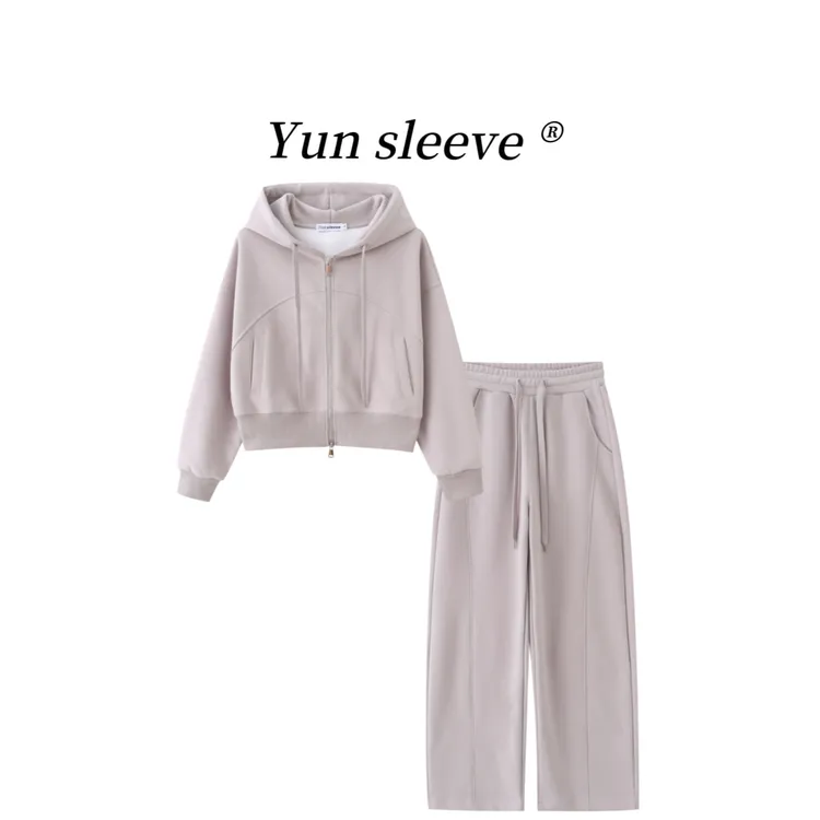 秋新运动风休闲宽松连帽卫衣套装拉链开衫外套两件套套装Q2513