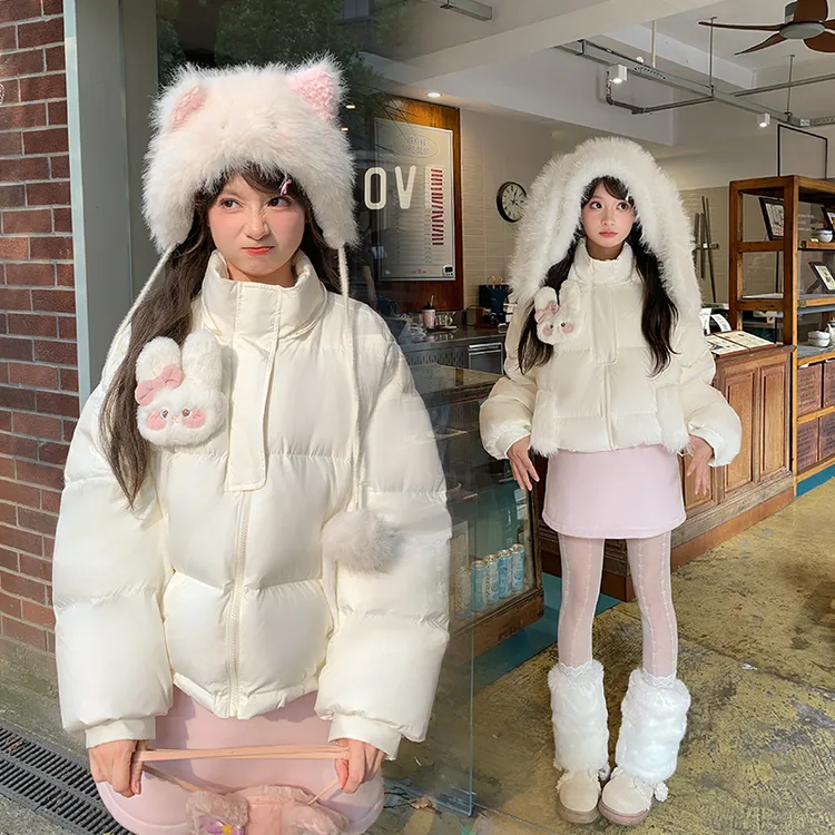森女部落甜美风白色宽松毛绒帽羽绒服女新款90白鸭绒秋冬百搭外套