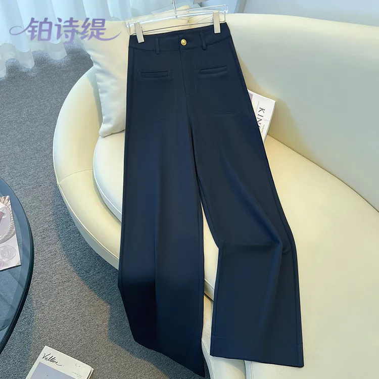 藏青色休闲阔腿裤女秋季2025新款小个子高腰垂感直筒西装裤九分裤