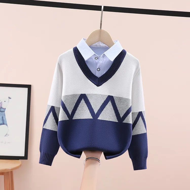 男童条纹毛衣假两件秋冬新款中大童学生衣服加绒加厚儿童针织线衫