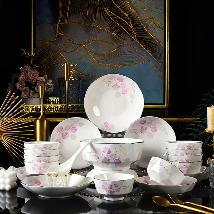 【电光金粉色情怀20头】高端碗碟套装新骨瓷套装家用碗盘乔迁餐具