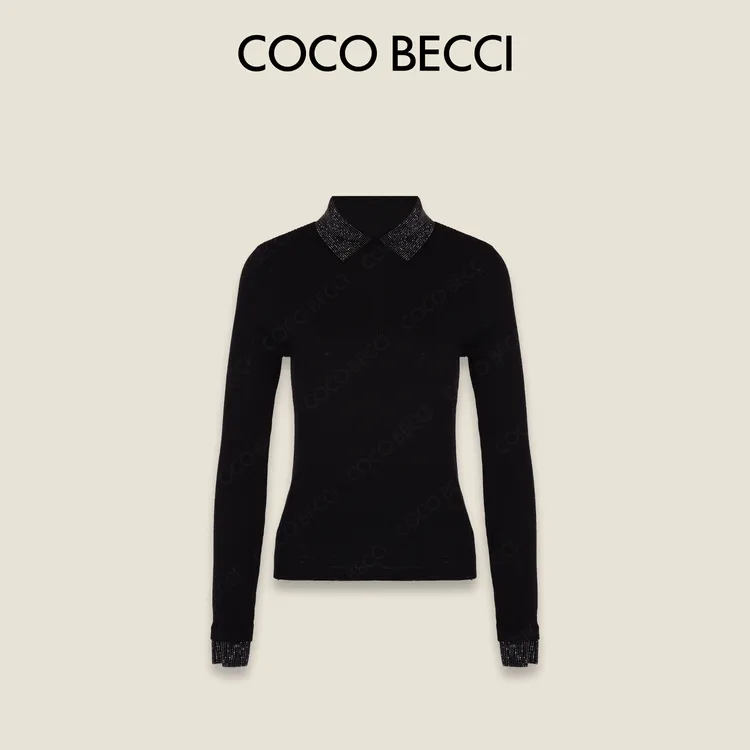COCO BECCI【钻石领打底】绵羊毛亮片翻领气质打底衫CFXYD253018