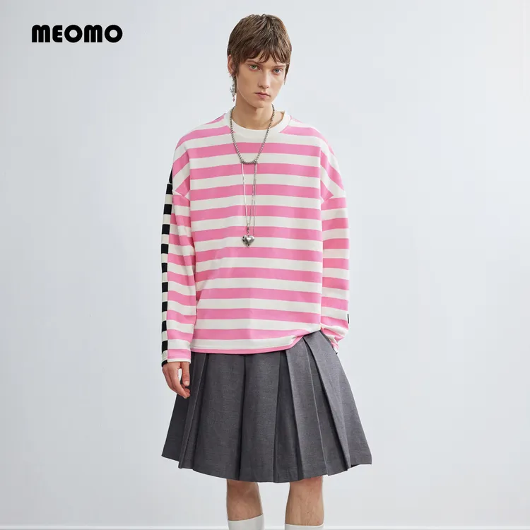 MEOMO设计师品牌2025秋季新款条纹拼色长袖T恤休闲宽松情侣卫衣潮