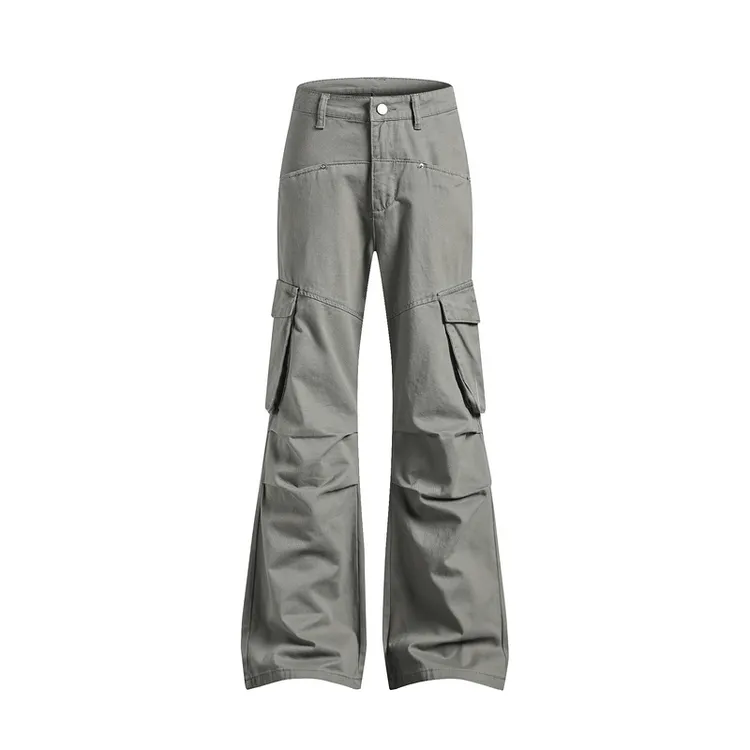 美式休闲潮流拼接口袋褶皱阔脚喇叭裤日系街头复古修身长裤中性风