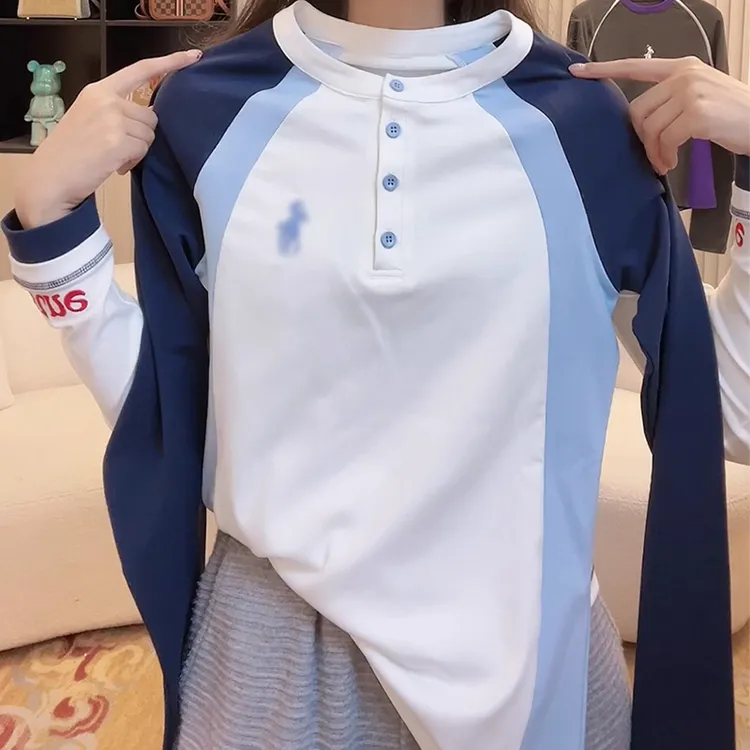 蓝白拼接长袖t恤女洋气内搭打底衫秋季新款欧货时尚宽松百搭上衣