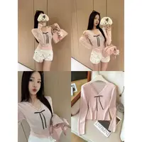 L-Y257##『100%莱赛尔』韩系少女！！甜度爆棚~蝴蝶结蕾丝V领针织上衣