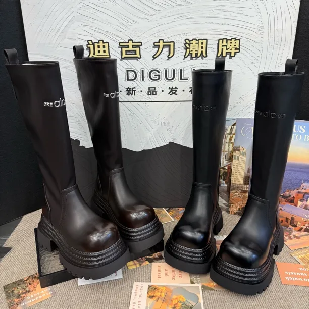 【迪古力】欧货新款加绒厚底松糕小个子骑士长靴高筒靴瘦瘦靴女花