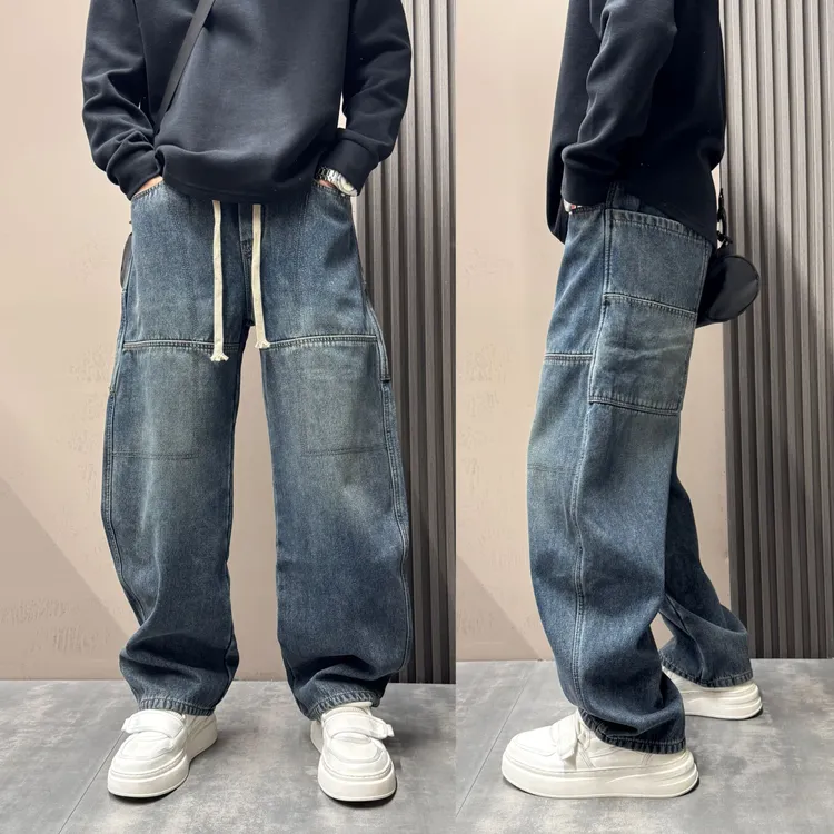 秋冬季新款加绒加厚男士牛仔裤潮流复古拼接设计感百搭宽松阔腿裤