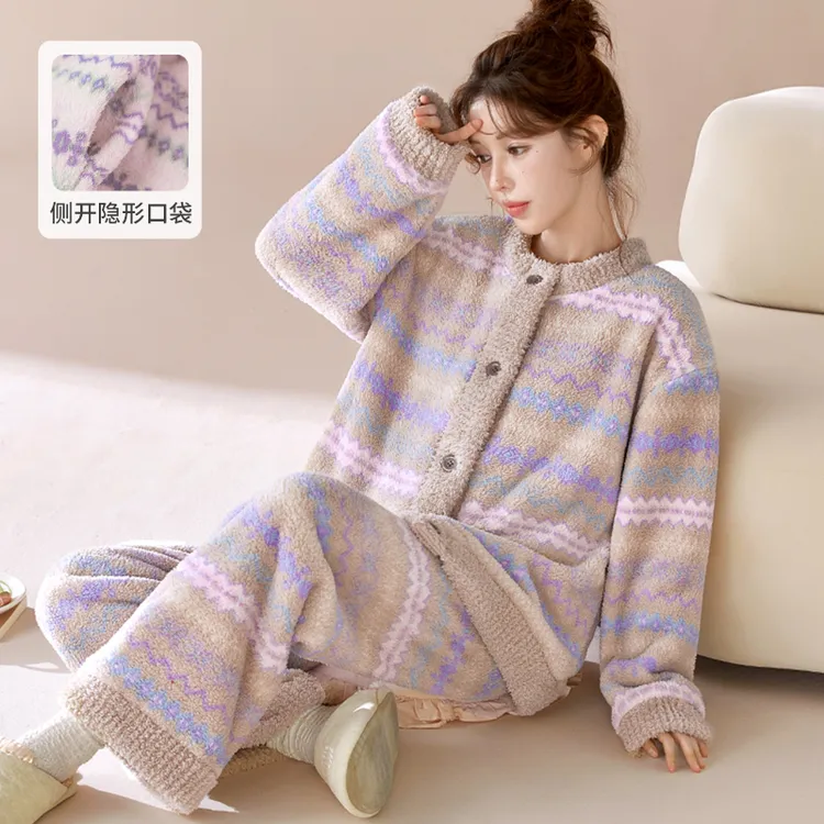 【莎粒绒系列】秋冬新款可外穿女法兰绒家居服轻奢复古条纹云感睡衣