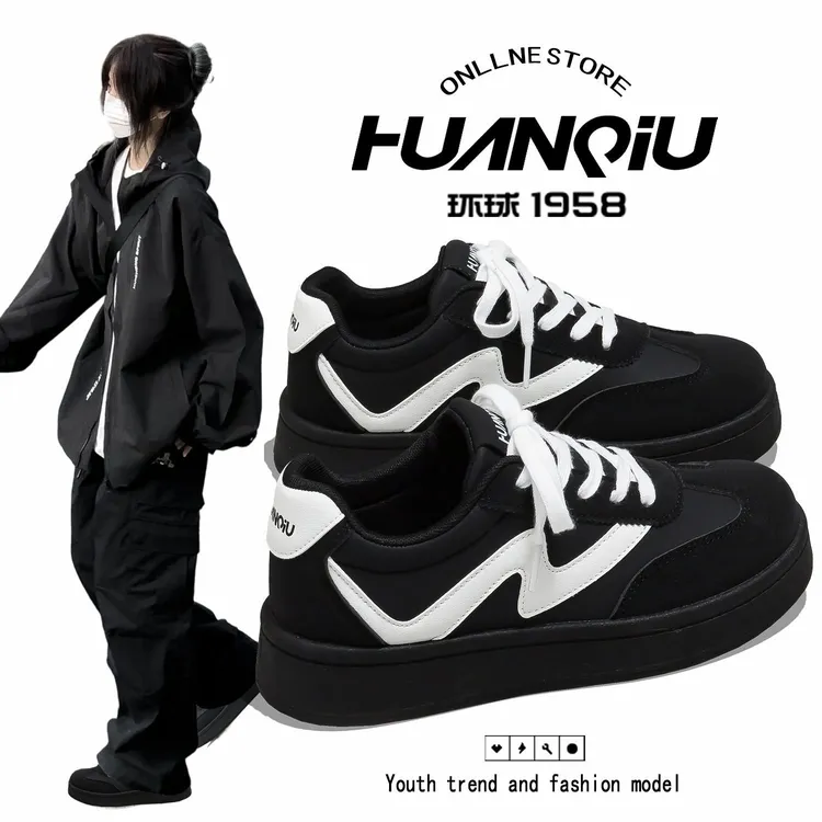 环球超软韩版黑色鞋子女2025新款秋冬休闲百搭厚底增高运动板鞋女