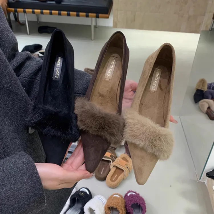 法式气质加绒毛毛鞋女2025秋冬新款百搭尖头浅口绝美一脚蹬单鞋