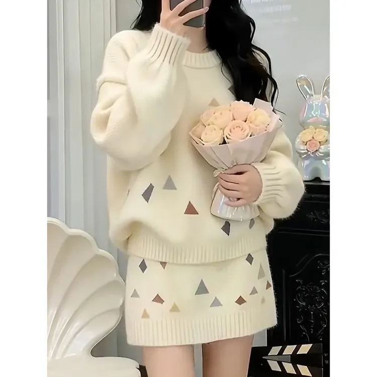 高级感时尚气质套装2026春装新款圆领套头长袖针织衫半身裙两件套