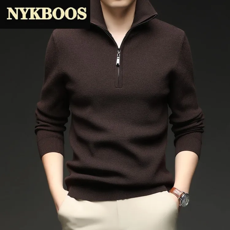 NYKBOOS男士冬季休闲毛衣男立领半拉链加厚针织衫潮流男装翻领纯