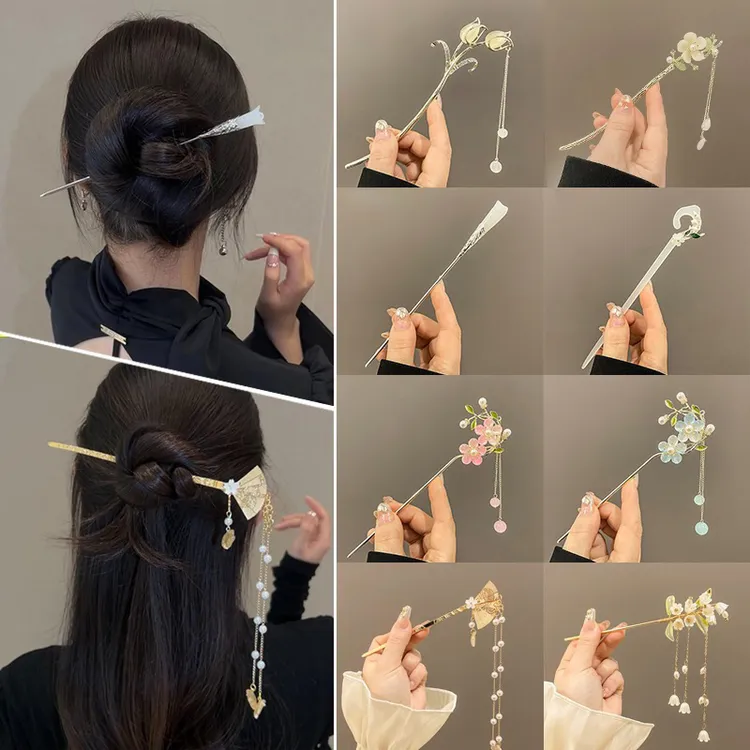 流苏花朵发簪女新中式高级感小众古风盘头发钗簪子汉服旗袍发饰