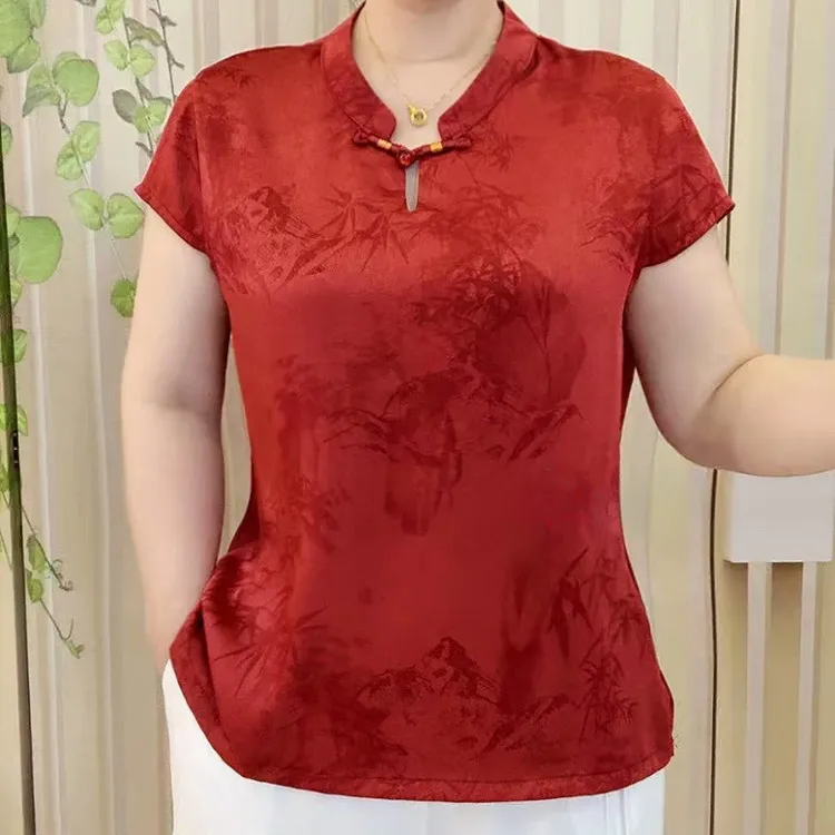 国风竹叶暗花琉璃扣旗袍领小衫遮肉显瘦上衣女时尚气质中老年女装