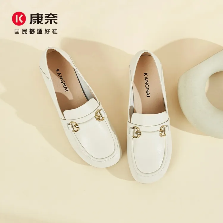 Kangnai/康奈42067专柜正品春夏真皮圆头厚底舒适低粗跟女乐福鞋