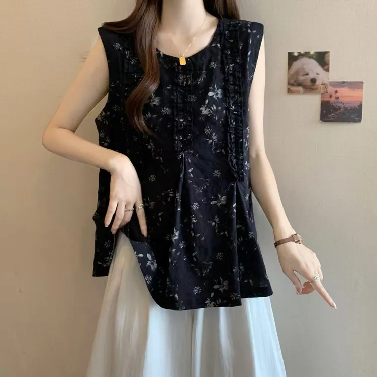 胖妹妹2025夏季新款无袖上衣女复古设计感显瘦百搭花边小衫