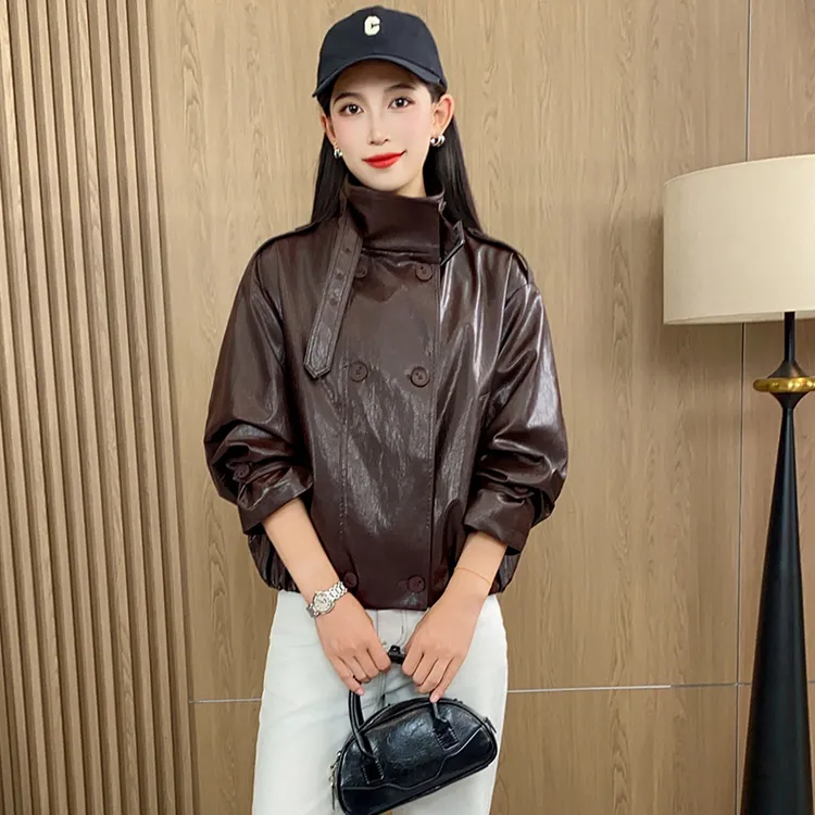 时尚外套女2025秋季新款韩版宽版大翻领双排扣气质百搭显瘦皮夹克