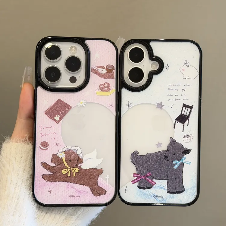 爱心粉色小狗情侣手机壳适用苹果iPhone17/16亚克力二合一防摔15